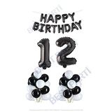 Happy Bırthday Siyah Renk Folyo Balon Latex Balon ve Folyo Rakam Seti Yaş 12