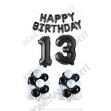 Happy Bırthday Siyah Renk Folyo Balon Latex Balon ve Folyo Rakam Seti Yaş 13