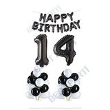 Happy Bırthday Siyah Renk Folyo Balon Latex Balon ve Folyo Rakam Seti Yaş 14
