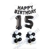 Happy Bırthday Siyah Renk Folyo Balon Latex Balon ve Folyo Rakam Seti Yaş 15