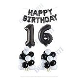 Happy Bırthday Siyah Renk Folyo Balon Latex Balon ve Folyo Rakam Seti Yaş 16