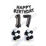 Happy Bırthday Siyah Renk Folyo Balon Latex Balon ve Folyo Rakam Seti Yaş 17