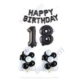 Happy Bırthday Siyah Renk Folyo Balon Latex Balon ve Folyo Rakam Seti Yaş 18