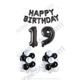 Happy Bırthday Siyah Renk Folyo Balon Latex Balon ve Folyo Rakam Seti Yaş 19