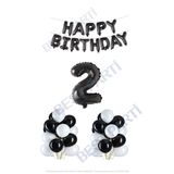 Happy Bırthday Siyah Renk Folyo Balon Latex Balon ve Folyo Rakam Seti Yaş 2