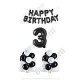 Happy Bırthday Siyah Renk Folyo Balon Latex Balon ve Folyo Rakam Seti Yaş 3