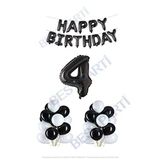 Happy Bırthday Siyah Renk Folyo Balon Latex Balon ve Folyo Rakam Seti Yaş 4