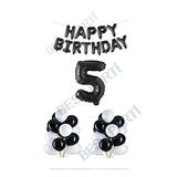 Happy Bırthday Siyah Renk Folyo Balon Latex Balon ve Folyo Rakam Seti Yaş 5