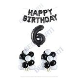 Happy Bırthday Siyah Renk Folyo Balon Latex Balon ve Folyo Rakam Seti Yaş 6
