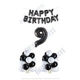Happy Bırthday Siyah Renk Folyo Balon Latex Balon ve Folyo Rakam Seti Yaş 9