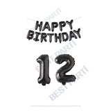 Happy Bırthday Siyah Renk Folyo Balon ve Rakam Seti Yaş 12