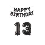 Happy Bırthday Siyah Renk Folyo Balon ve Rakam Seti Yaş 13