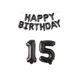Happy Bırthday Siyah Renk Folyo Balon ve Rakam Seti Yaş 15
