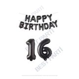 Happy Bırthday Siyah Renk Folyo Balon ve Rakam Seti Yaş 16