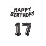 Happy Bırthday Siyah Renk Folyo Balon ve Rakam Seti Yaş 17