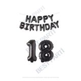 Happy Bırthday Siyah Renk Folyo Balon ve Rakam Seti Yaş 18