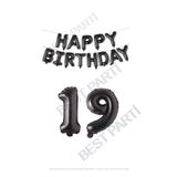 Happy Bırthday Siyah Renk Folyo Balon ve Rakam Seti Yaş 19