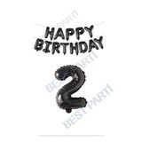 Happy Bırthday Siyah Renk Folyo Balon ve Rakam Seti Yaş 2