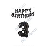 Happy Bırthday Siyah Renk Folyo Balon ve Rakam Seti Yaş 3