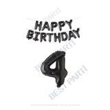 Happy Bırthday Siyah Renk Folyo Balon ve Rakam Seti Yaş 4