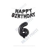 Happy Bırthday Siyah Renk Folyo Balon ve Rakam Seti Yaş 6