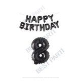 Happy Bırthday Siyah Renk Folyo Balon ve Rakam Seti Yaş 8