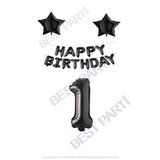 Happy Bırthday Siyah Renk Folyo Balon Yıldız Folyo ve Rakam Seti Yaş 1
