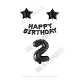 Happy Bırthday Siyah Renk Folyo Balon Yıldız Folyo ve Rakam Seti Yaş 2