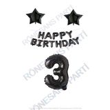 Happy Bırthday Siyah Renk Folyo Balon Yıldız Folyo ve Rakam Seti Yaş 3