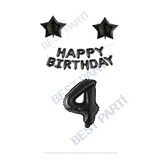 Happy Bırthday Siyah Renk Folyo Balon Yıldız Folyo ve Rakam Seti Yaş 4
