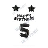 Happy Bırthday Siyah Renk Folyo Balon Yıldız Folyo ve Rakam Seti Yaş 5