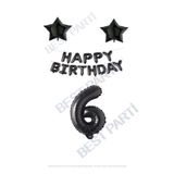 Happy Bırthday Siyah Renk Folyo Balon Yıldız Folyo ve Rakam Seti Yaş 6