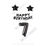 Happy Bırthday Siyah Renk Folyo Balon Yıldız Folyo ve Rakam Seti Yaş 7