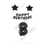 Happy Bırthday Siyah Renk Folyo Balon Yıldız Folyo ve Rakam Seti Yaş 8