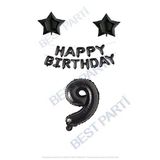 Happy Bırthday Siyah Renk Folyo Balon Yıldız Folyo ve Rakam Seti Yaş 9