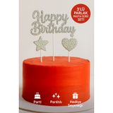 Happy Birthday Taşlı Pasta Süsü 3’lü Set – Gümüş Kalp ve Yıldızlı Işıltılı Doğum Günü Dekoru PRTPN-1569-6