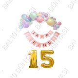 Happy Bırthday Yazılı Banner Makaron Balon Seti 15 Yaş Gold Set Doğum Günü