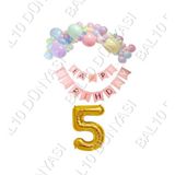 Happy Bırthday Yazılı Banner Makaron Balon Seti 5 Yaş Gold Set Doğum Günü