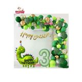 Happy Birthday Yazılı Dinozor 3 Yaş Folyo Balonlu Yeşil Gold Beyaz Doğum Günü Parti Seti