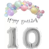Happy Bırthday Yazılı Kaligrafi Banner Makaron Balon Seti 10 Yaş Gümüş Set Doğum Günü