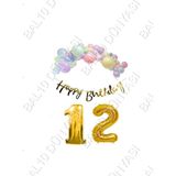 Happy Bırthday Yazılı Kaligrafi Banner Makaron Balon Seti 12 Yaş Gold Set Doğum Günü