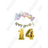 Happy Bırthday Yazılı Kaligrafi Banner Makaron Balon Seti 14 Yaş Gold Set Doğum Günü