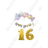 Happy Bırthday Yazılı Kaligrafi Banner Makaron Balon Seti 16 Yaş Gold Set Doğum Günü