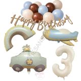 Happy Bırthday Yazılı Retro Renkler Doğum Günü Balon Seti Yaş-3