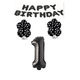 Happy Bırthday,Siyah Rakam Folyo Balon ve Siyah Beyaz Puanlı Balon Seti Yaş 1