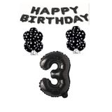 Happy Bırthday,Siyah Rakam Folyo Balon ve Siyah Beyaz Puanlı Balon Seti Yaş 3