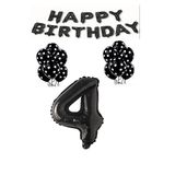 Happy Bırthday,Siyah Rakam Folyo Balon ve Siyah Beyaz Puanlı Balon Seti Yaş 4