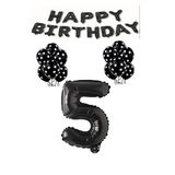 Happy Bırthday,Siyah Rakam Folyo Balon ve Siyah Beyaz Puanlı Balon Seti Yaş 5
