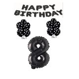 Happy Bırthday,Siyah Rakam Folyo Balon ve Siyah Beyaz Puanlı Balon Seti Yaş 8