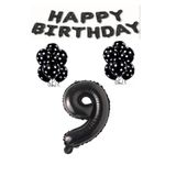 Happy Bırthday,Siyah Rakam Folyo Balon ve Siyah Beyaz Puanlı Balon Seti Yaş 9